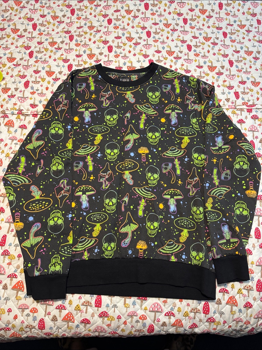 Super Massive XL Black Neon Skull & Mushroom Graphic Sweatshirt PSYCHEDELIC